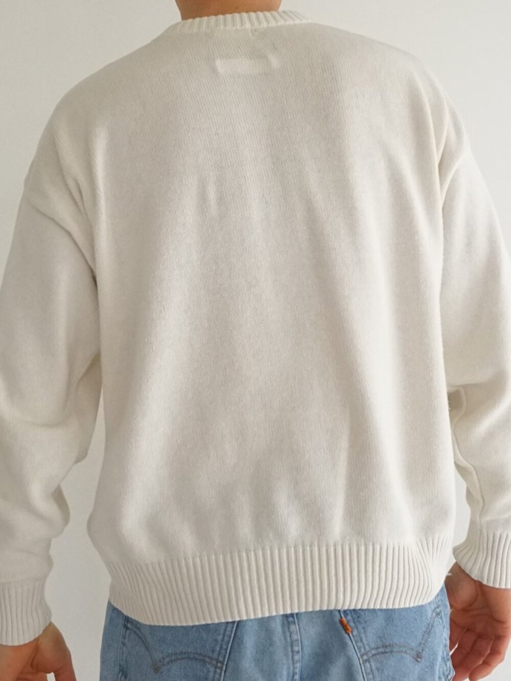 Vintage Classics Cream Solid Knit Minimal Ribbed Hem Crew Neck Sweater Cotton M - Picture 2 of 10